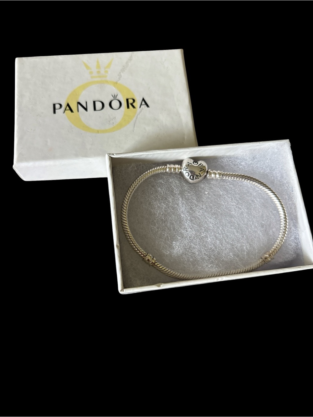 Pandora Silver Snake Chain Bracelet with Heart Clasp - Silver